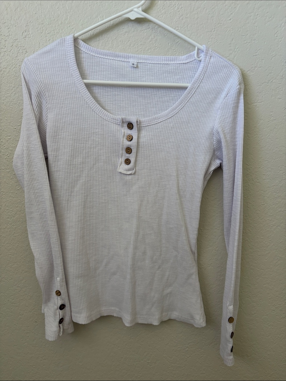 Women's Long Sleeve Ribbed Henley Top - White